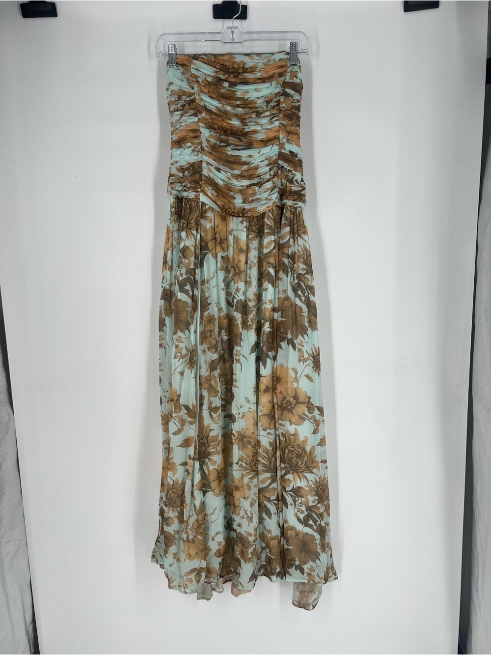BHLDN Strapless Light Blue Neutral Floral Drop Waist Pleated Maxi Dress Gown 4